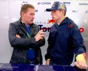 SPA, BELGIUM - AUGUST 22:  Max Verstappen of Netherlands, who will drive for Scuderia Toro Rosso next season, speaks with his father Jos Verstappen in the Scuderia Toro Rosso garage during practice ahead of the Belgian Grand Prix at Circuit de Spa-Francorchamps on August 22, 2014 in Spa, Belgium.  (Photo by Dan Istitene/Getty Images) *** Local Caption *** Max Verstappen;Jos Verstappen